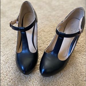 Black T-Strap Heels with Gold Buckle